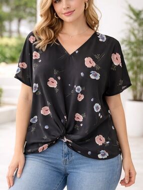 Beacon Floral Knot Front V-Neck Blouse - Black/Pink CottageCore feminine